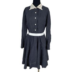 Vintage 50s Polka Dot Dress Navy Blue White Collar Rockabilly Pinup Size M L